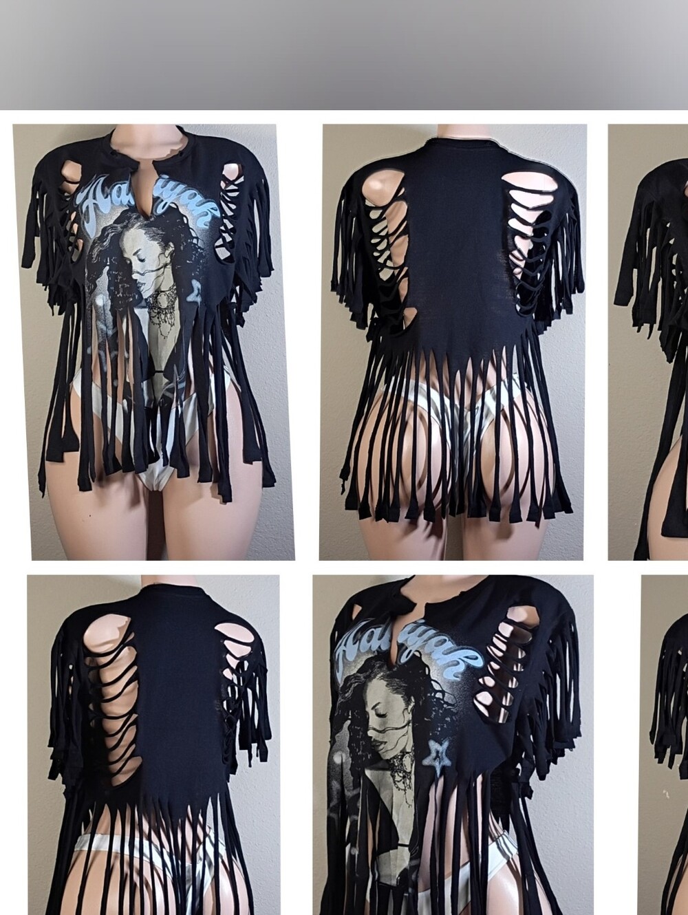 Black Aaliyah Custom Fringe Cut-Out Graphic Tee